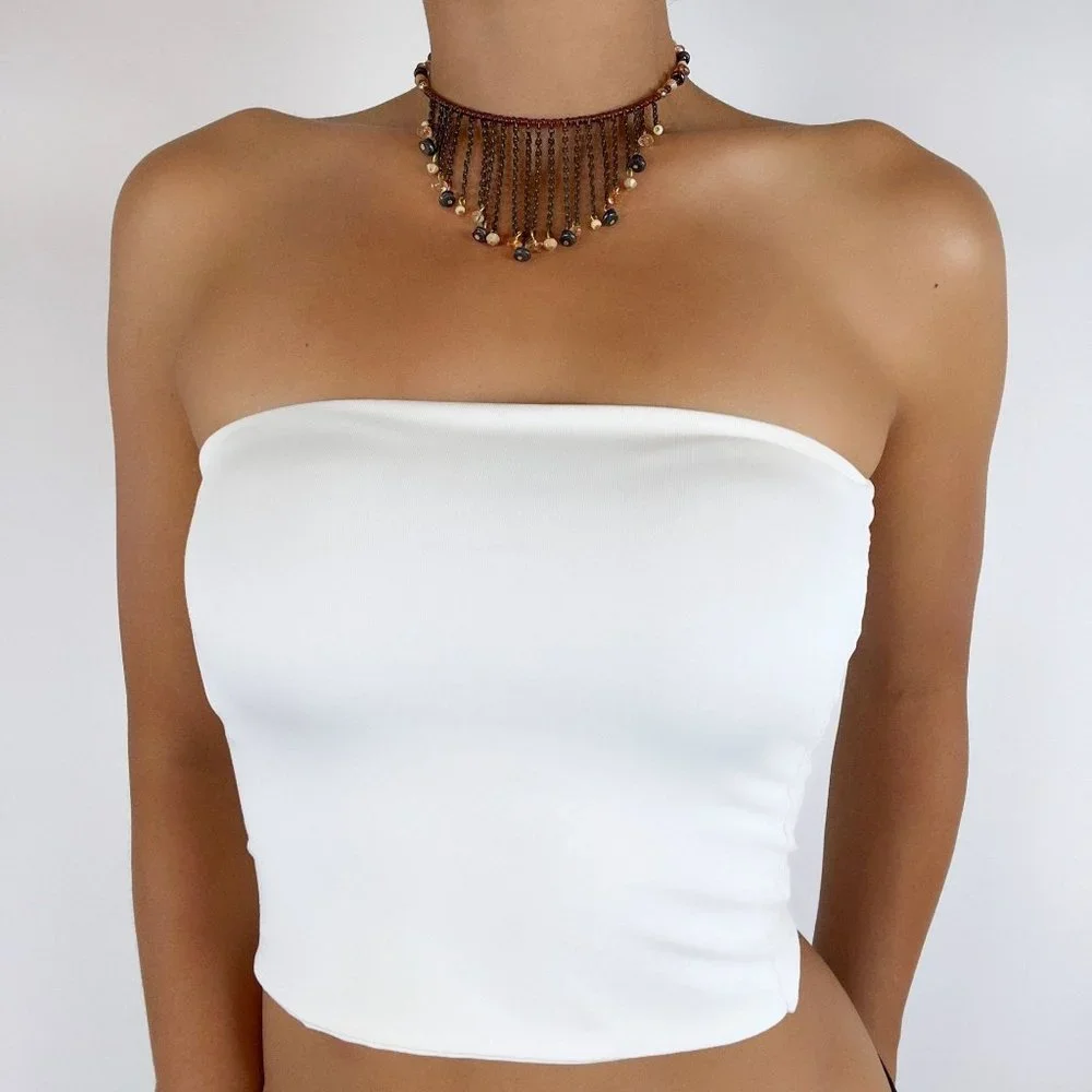 Vintage Y2K Brown Beaded Tassel Choker Necklace - Bohemian Fairy Grunge Jewelry - Picture 1 of 4